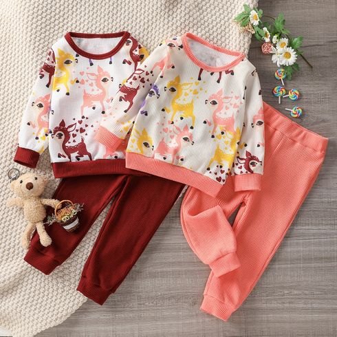 2-piece Toddler Girl Deer Print Waffle Textured Long-sleeve Top and Solid Color Pants Set