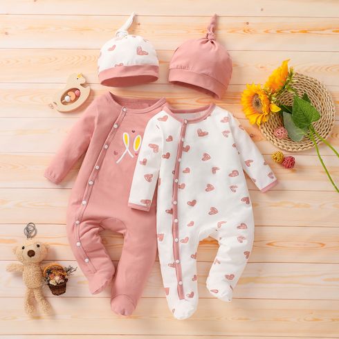2pcs Baby 95% Cotton Long-sleeve Love Heart Print Footed Jumpsuit with Hat Set