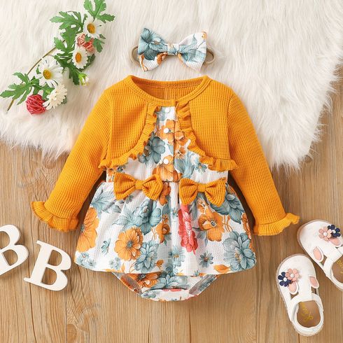2-piece Baby Girl Ruffled Floral Print Faux-two Long-sleeve Romper and Headband set