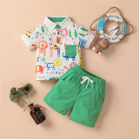 2pcs Baby Boy/Girl Cartoon Animal Print Short-sleeve Polo Shirt and Solid Shorts Set