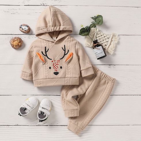 2pcs Baby Boy/Girl Deer Embroidered Long-sleeve Textured Hoodie and Sweatpants Set