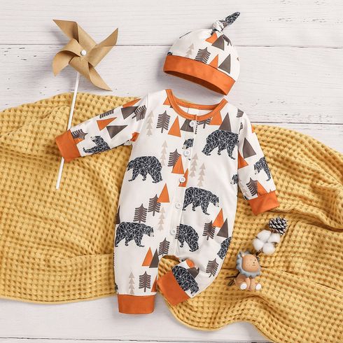 2pcs Baby Boy/Girl Allover Geo Animal Print Button Front Long-sleeve Jumpsuit with Hat Set