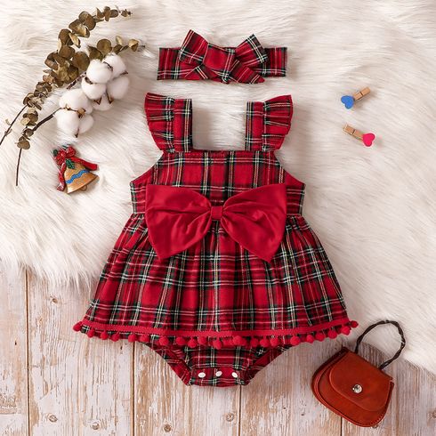 2pcs Baby Girl Red Plaid Flutter-sleeve Bow Front Pom Poms Romper with Headband Set
