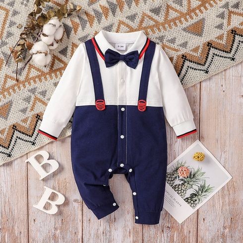 Baby Boy 95% Cotton Colorblock Long-sleeve Gentleman Bow Tie Jumpsuit Party Outfit