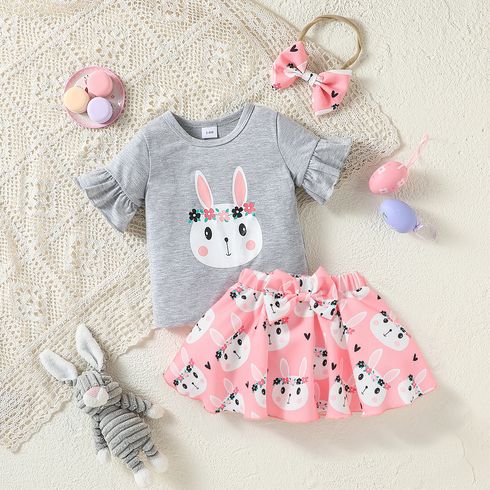 Easter 3pcs Baby Girl Ruffle Trim Short-sleeve Rabbit Print Tee and Skirt & Headband Set