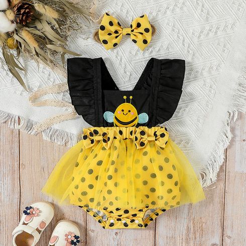 2pcs Baby Girl Polka Dots Splice Bee Embroidered Mesh Overlay Combo Romper and Bow Headband Set Yellow big image 1