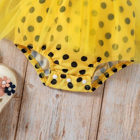 2pcs Baby Girl Polka Dots Splice Bee Embroidered Mesh Overlay Combo Romper and Bow Headband Set Yellow big image 2