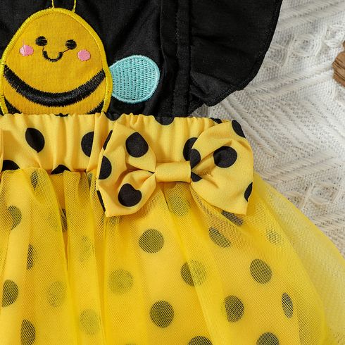 2pcs Baby Girl Polka Dots Splice Bee Embroidered Mesh Overlay Combo Romper and Bow Headband Set Yellow big image 3