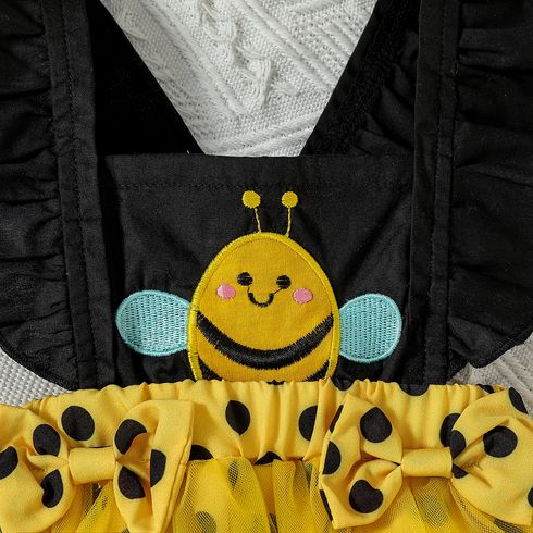 2pcs Baby Girl Polka Dots Splice Bee Embroidered Mesh Overlay Combo Romper and Bow Headband Set Yellow big image 4
