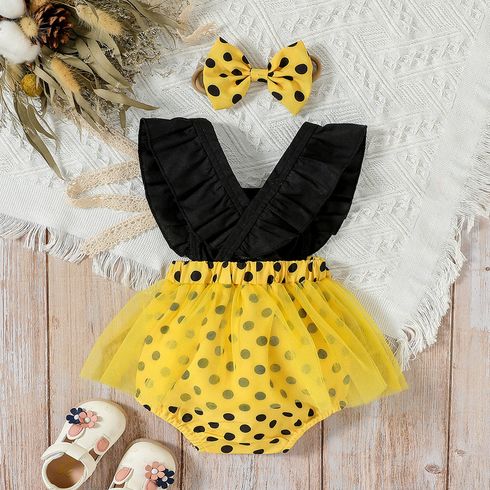 2pcs Baby Girl Polka Dots Splice Bee Embroidered Mesh Overlay Combo Romper and Bow Headband Set Yellow big image 6