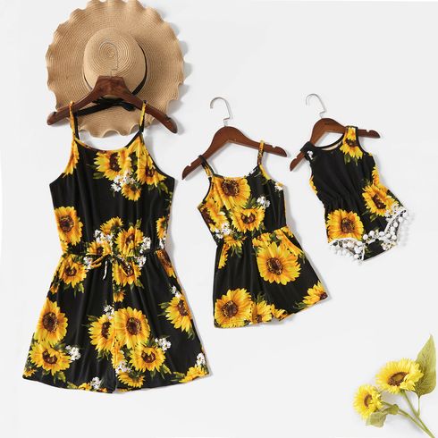 Sunflower and Daisy Print Matching Black Sling Shorts Rompers