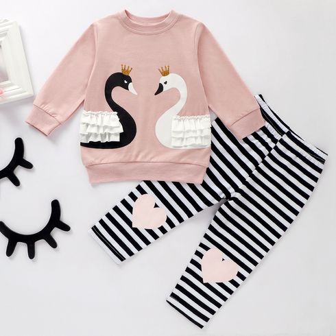 2pcs Swan and Stripe Print Long-sleeve Baby Set