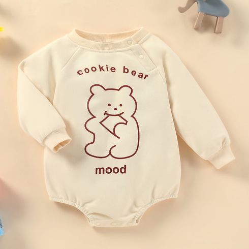 Letter and Bear Print Long-sleeve Beige Baby Romper