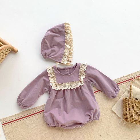 2pcs Solid Lace Decor Long-sleeve Purple Baby Romper and Hat Set