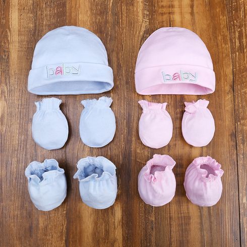3-piece Solid Cotton Hat with Bow decor socks and Anti-scratch Gloves