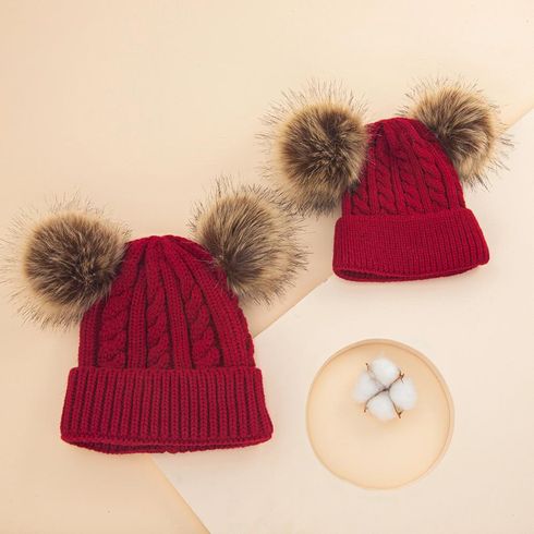Big Pompon Decor Cable Knit Beanie Hat for Mom and Me Red big image 1