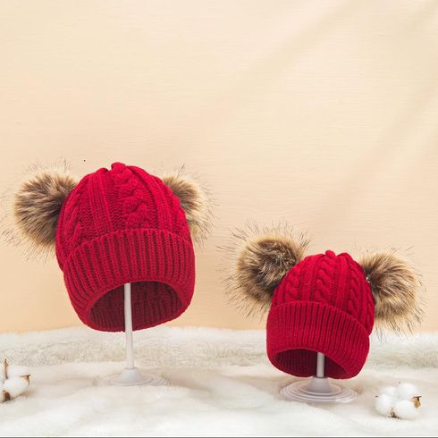 Big Pompon Decor Cable Knit Beanie Hat for Mom and Me Red big image 2