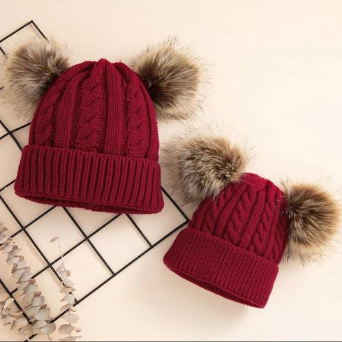 Big Pompon Decor Cable Knit Beanie Hat for Mom and Me Red big image 3
