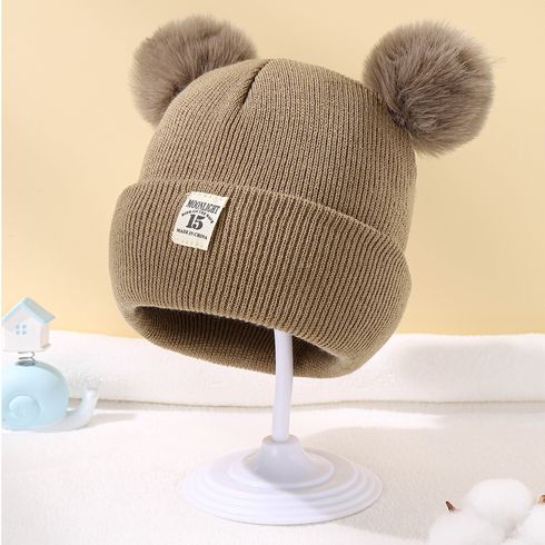 Baby Double Pom Pom Decor Number Tab Beanie Hat
