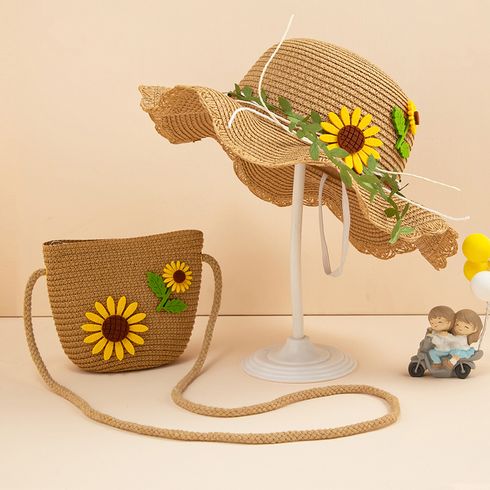2Pcs Toddler / Kid Daisy Decor Straw Hat & Bag Khaki big image 2