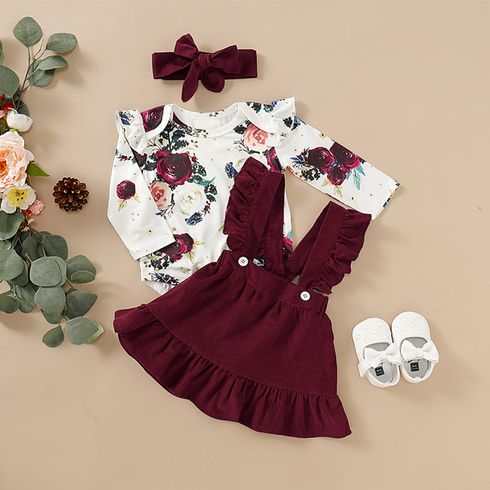 3pcs Floral Print Ruffle Decor Long-sleeve Baby Set