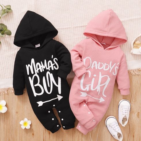 Baby Letter Print Solid Long-sleeve Hooded Waffle Jumpsuit
