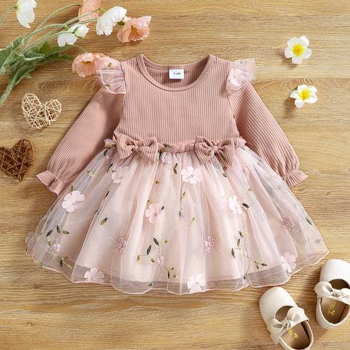 Baby Girl Pink Ribbed Long-sleeve 3D Butterfly/Floral Embroidered Mesh Dresses