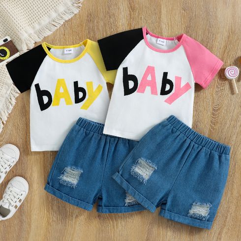 100% Cotton 2pcs Baby Boy/Girl Letter Print Colorblock Raglan-sleeve T-shirt and Ripped Denim Shorts