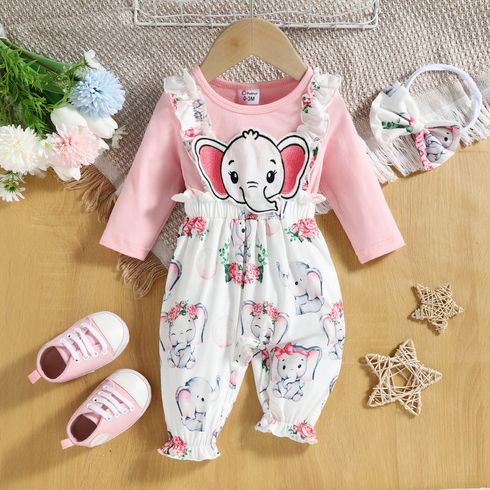 2pcs Baby Girl 95% Cotton Long-sleeve Faux-two Elephant Graphic Ruffle Trim Jumpsuit with Headband Set