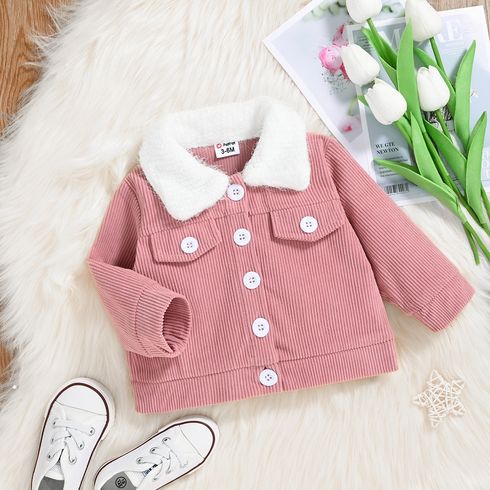 Baby Girl Butterfly Embroidered Pink Corduroy Fuzzy Collar Jacket