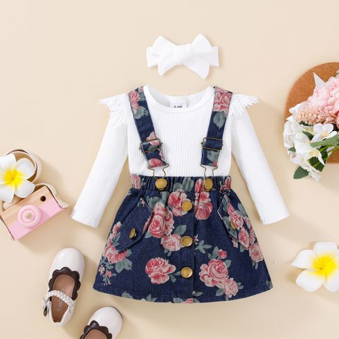 3pcs Baby Boy/Girl 100% Cotton Floral Print Denim Suspender Skirt and Solid Ruffle Long-sleeve Ribbed Romper with Headband Set