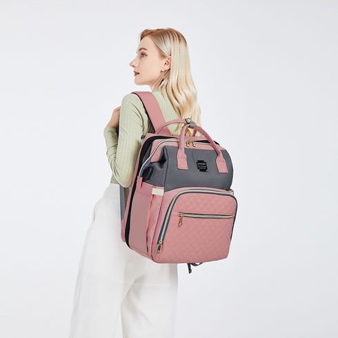 Diaper Bag Backpack Diapers Changing Pad Portable Mummy Bag Foldable Baby Bed Travel Bag with USB Pink big image 2