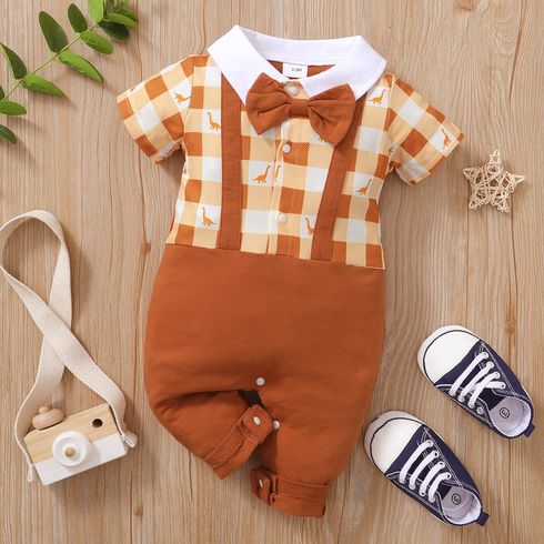 Plaid and Dino Print Splice Faux-two Design Bow Tie Decor Short-sleeve Baby Jumpsuit