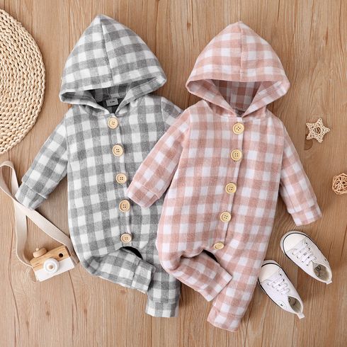 Baby Girl/Boy Plaid Button Design Hooded Long-sleeve Jumpsuit