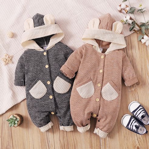 Baby Boy/Boy Heathered Knit Button Down 3D Ears Hooded Jumpsuit