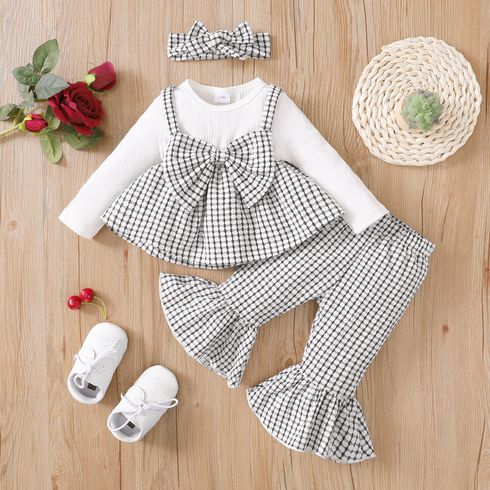 3pcs Baby Girl Black Plaid Bowknot Long-sleeve Top and Flared Pants Set