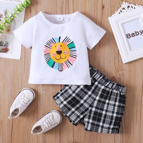 2pcs Baby Boy/Girl Cartoon Lion Print Short-sleeve T-shirt and Plaid Shorts Set