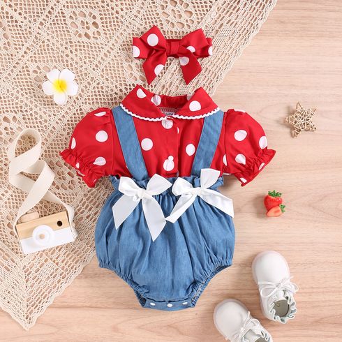 2pcs Baby Girl Polka Dots Puff-sleeve Splice Denim Faux-two Suspender Shorts Romper with Headband Set