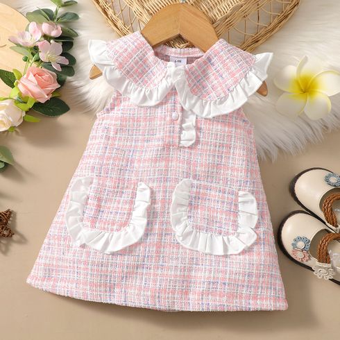 Mini Lady Baby Girl 100% Cotton Plaid Ruffle Decor Doll Collar Sleeveless Pink Dress