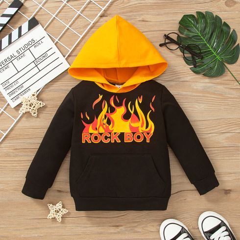 Toddler Boy Letter and Fire Print Hooded Color Splice Long-sleeve Black Hoodie Top