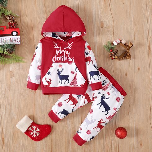 Christmas 2pcs Reindeer and Letter Print Baby Long-sleeve Hooded Sweatshirt Set