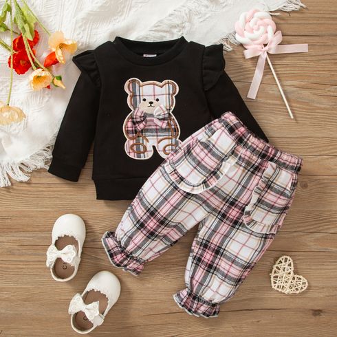 2pcs Baby Boy Bear Embroidered Ruffle Long-sleeve Sweatshirt and Plaid Pants Set