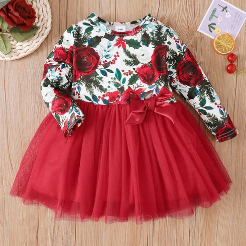 Baby Floral Bow Decor Mesh Layered Long-sleeve Dress