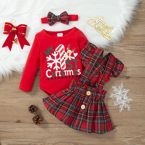Christmas 3pcs Baby Girl 95% Cotton Long-sleeve Letter Print Romper and Red Plaid Ruffle Trim Suspender Skirt with Headband Set