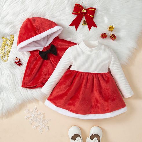 Christmas 2pcs Baby Girl Ribbed Mock Neck Long-sleeve Spliced Dress and Thermal Fleece Cloak Set