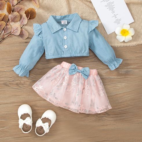 2pcs Baby Girl 100% Cotton Ruffle Long-sleeve Button Crop Shirt and Embroidered Mesh Skirt Set