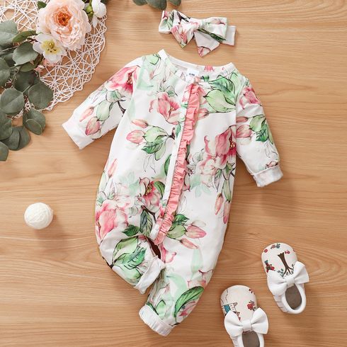 Baby Floral Allover Ruffle Decor Long-sleeve Jumpsuit with Headband Set