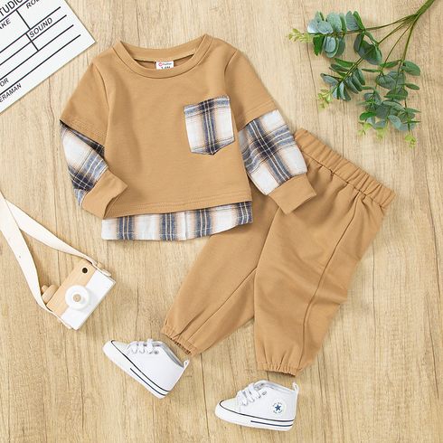 2pcs Baby Boy/Girl Plaid Faux-two Long-sleeve Sweatshirt and Solid Sweatpants Set