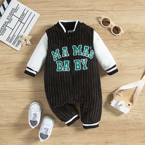 Baby Boy Letter Embroidered Long-sleeve Fuzzy Jumpsuit