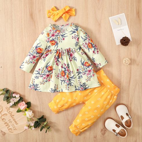 3pcs Floral Allover Long-sleeve Yellow Baby Set